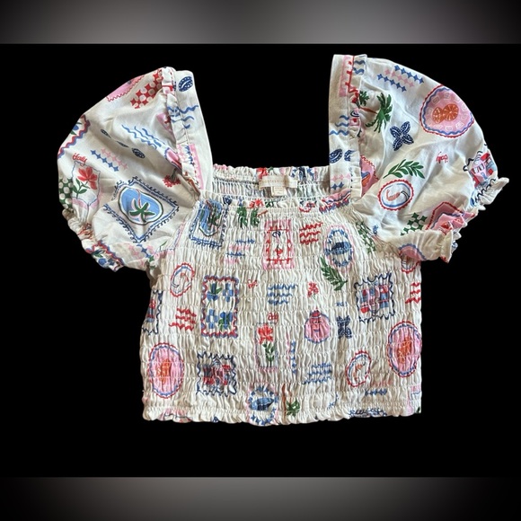 Monteau Tops - Monteau Multicolor Smocked Top with Puffed Short Sleeves